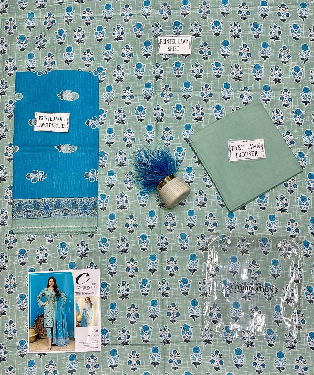 Unstitched Printed Suit Set Dobby Lawn Blue Green