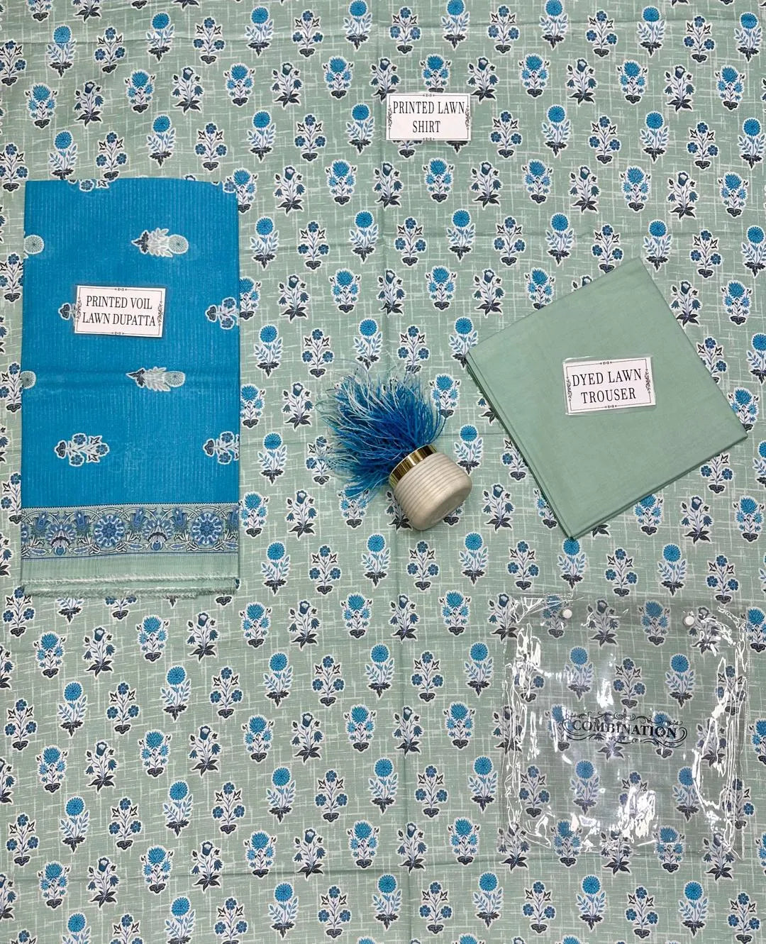 Unstitched Printed Suit Set Dobby Lawn Blue Green