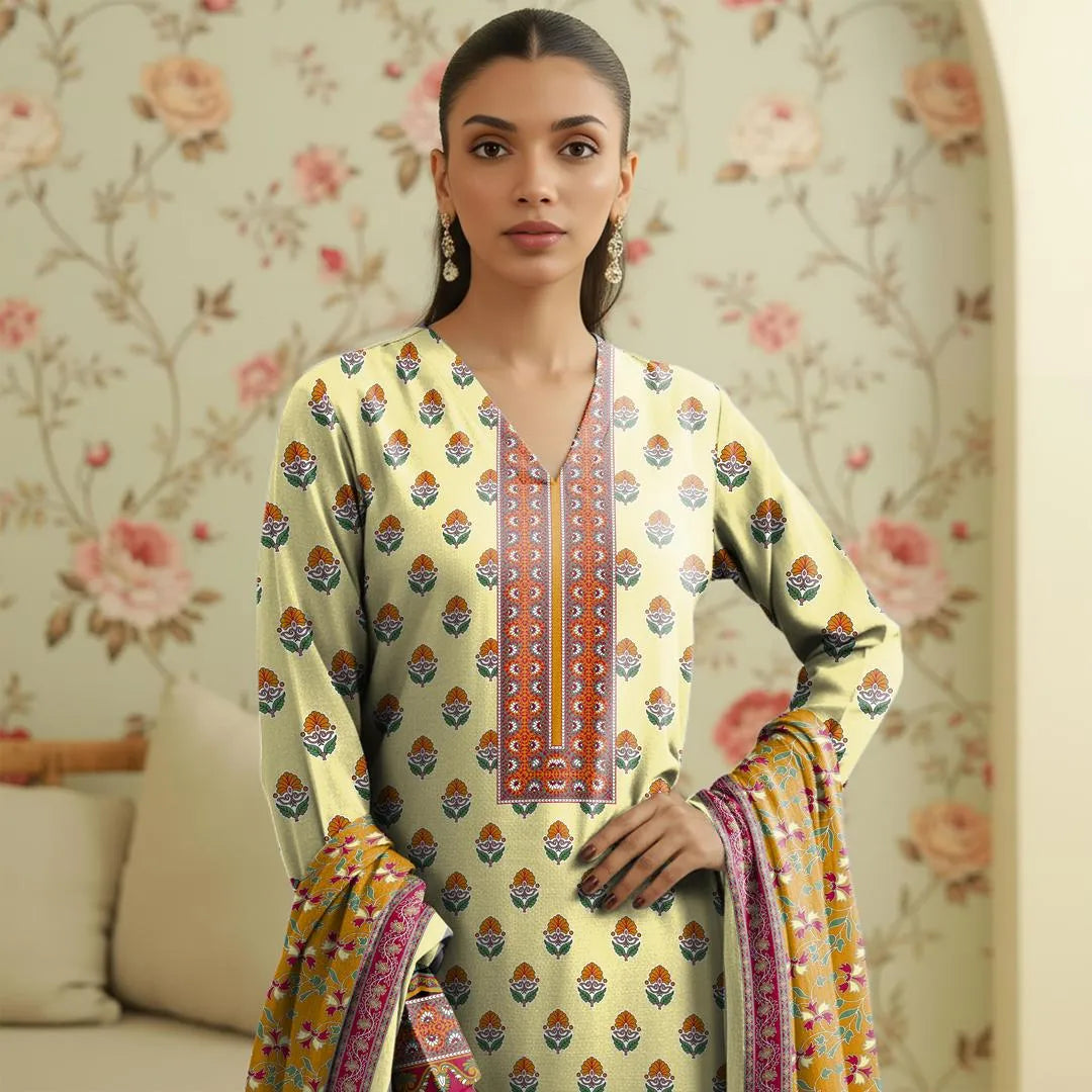 Yellow Printed Lawn 3Pcs Shirt Dupatta Trouser Set