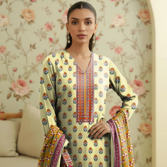 Yellow Printed Lawn 3Pcs Shirt Dupatta Trouser Set