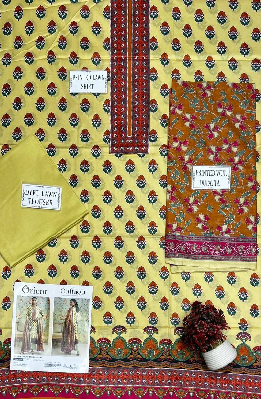 Yellow Printed Lawn 3Pcs Shirt Dupatta Trouser Set