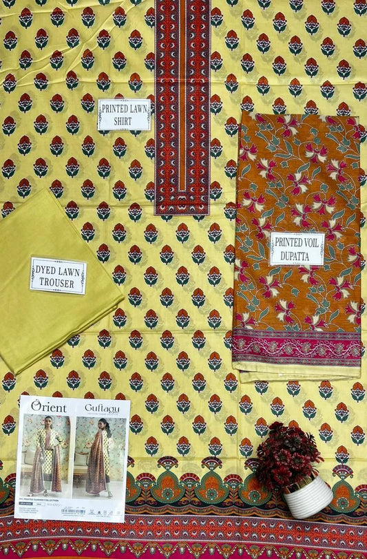 Yellow Printed Lawn 3Pcs Shirt Dupatta Trouser Set