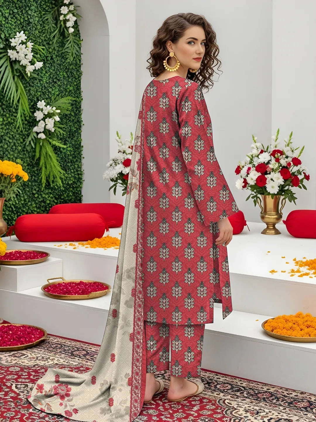 Women's 3-Piece Printed Lawn Suit Red