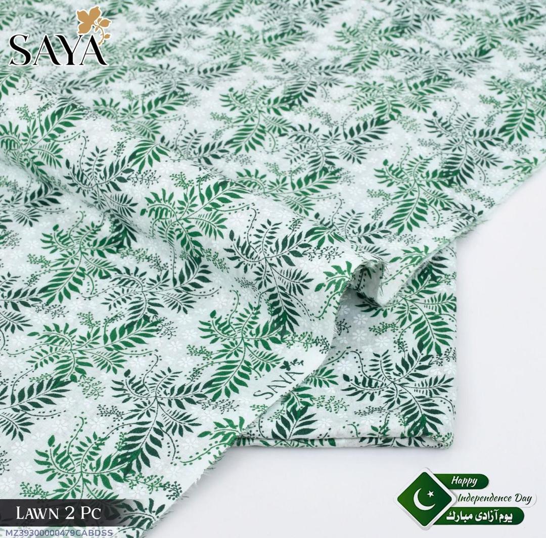 Green White Leaf Printed Lawn Fabric 2 Pc