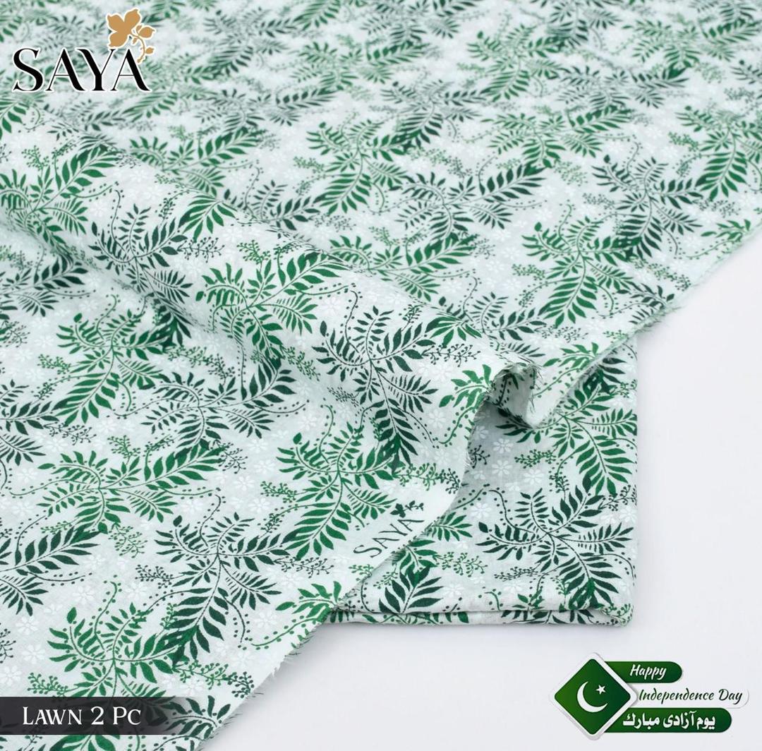 Green White Leaf Printed Lawn Fabric 2 Pc