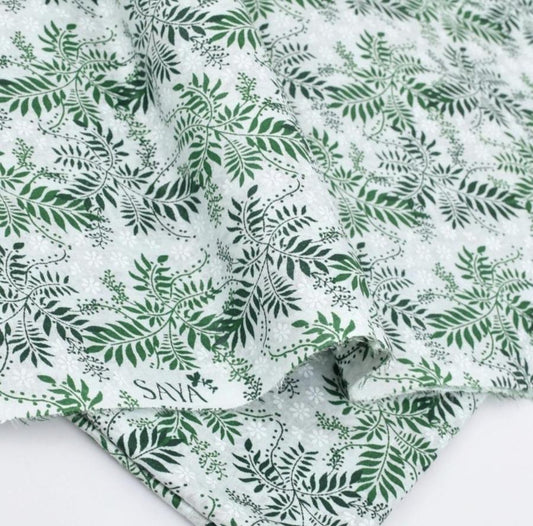 Green White Leaf Printed Lawn Fabric 2 Pc
