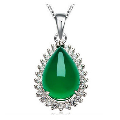 Silver Necklace with Synthetic Chalcedony Pendant Korean Style