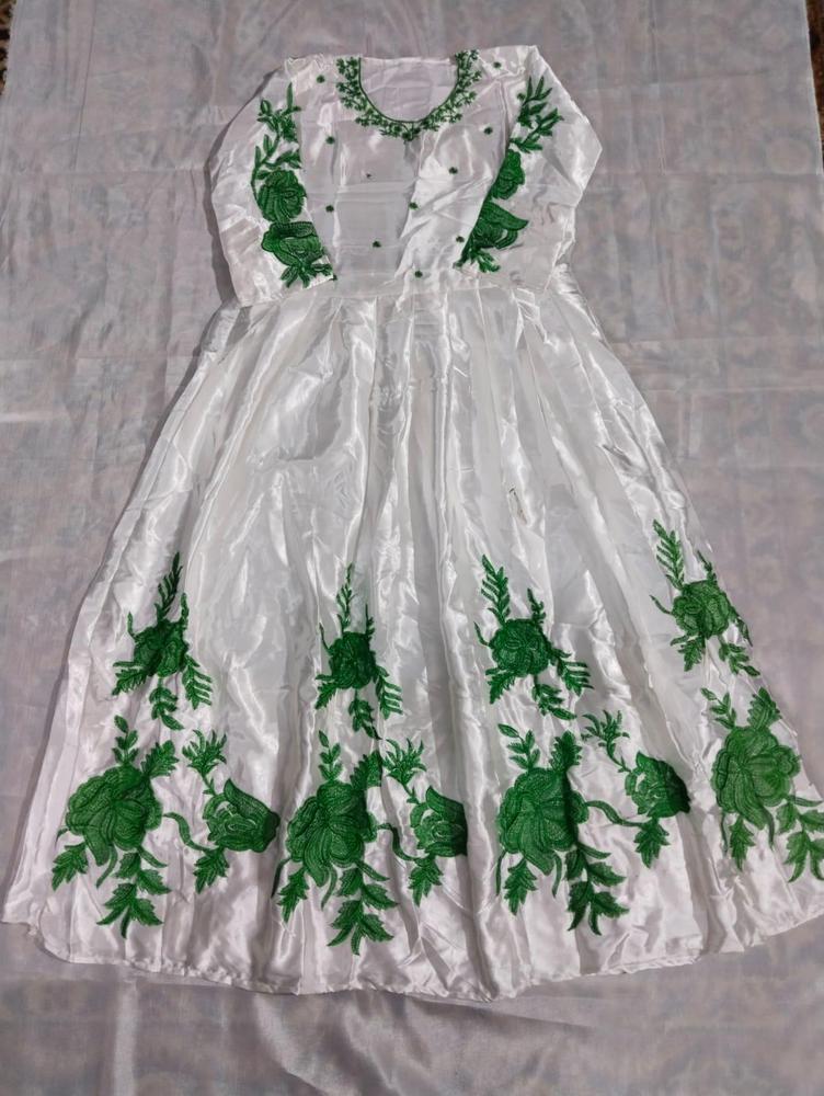 White Silk Maxi Dress with Green Floral Embroidery