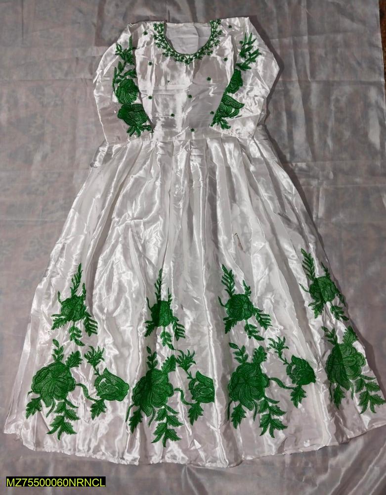 White Silk Maxi Dress with Green Floral Embroidery