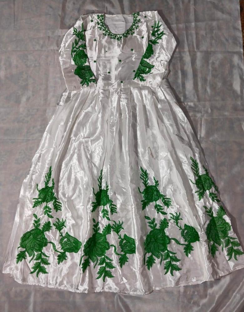 White Silk Maxi Dress with Green Floral Embroidery