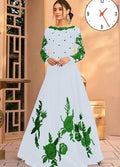 White Silk Maxi Suit with Green Floral Embroidery for Eid & Weddings
