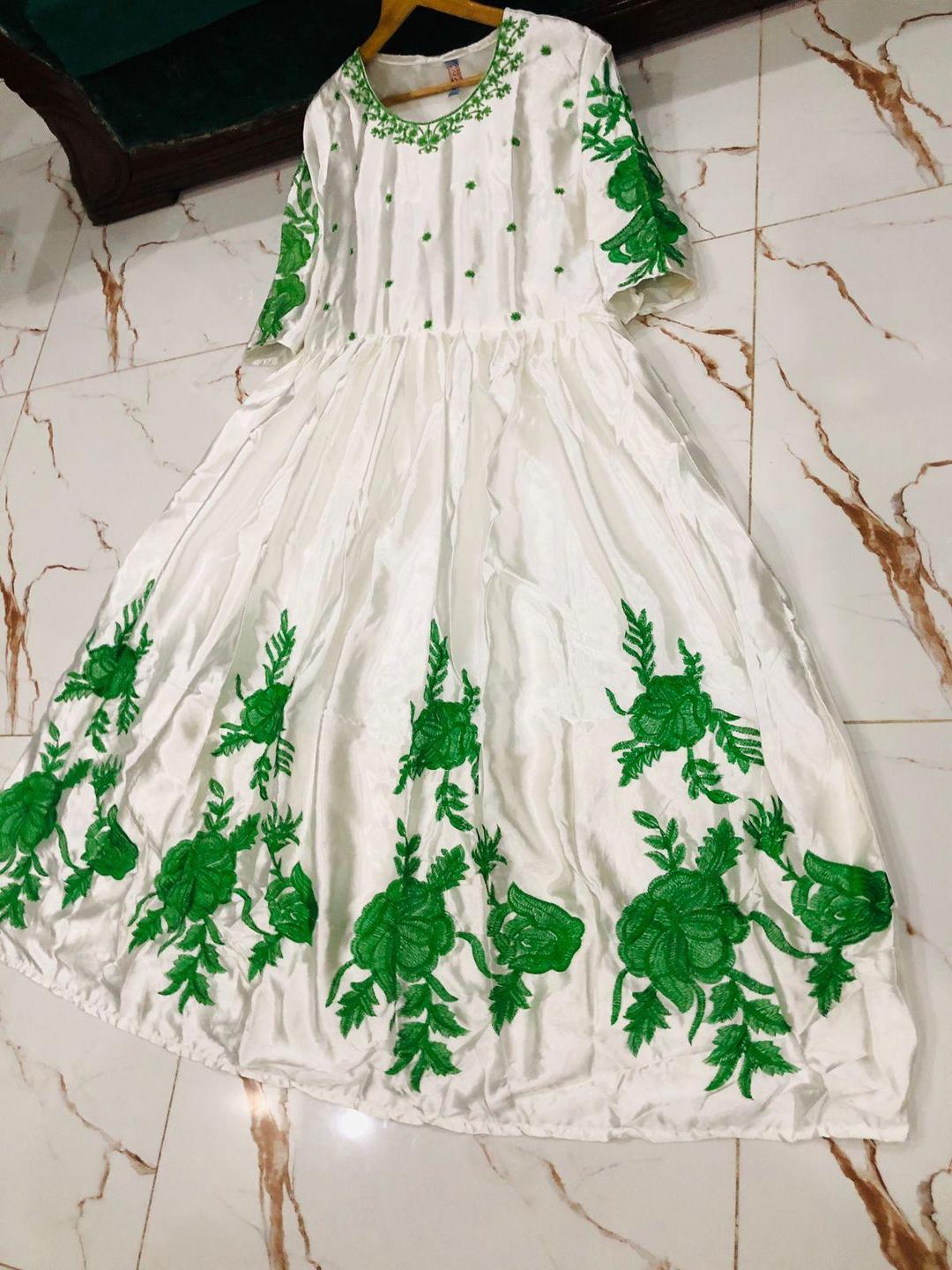 White Silk Maxi Suit with Green Floral Embroidery for Eid & Weddings