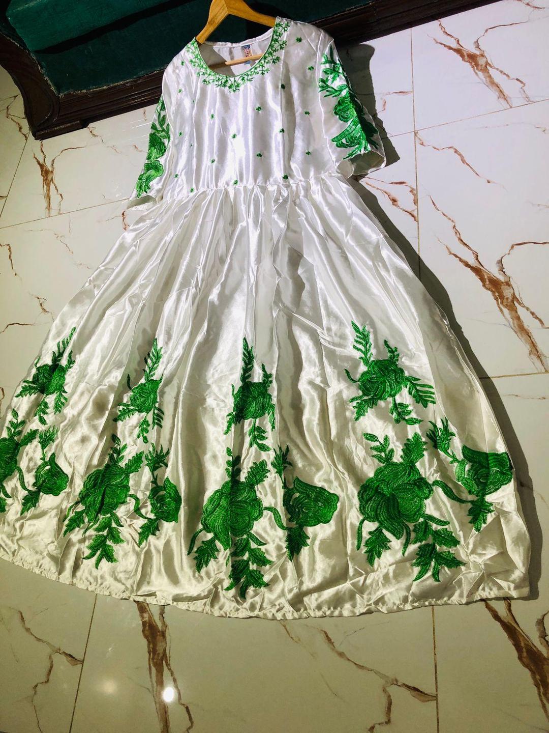 White Silk Maxi Suit with Green Floral Embroidery for Eid & Weddings