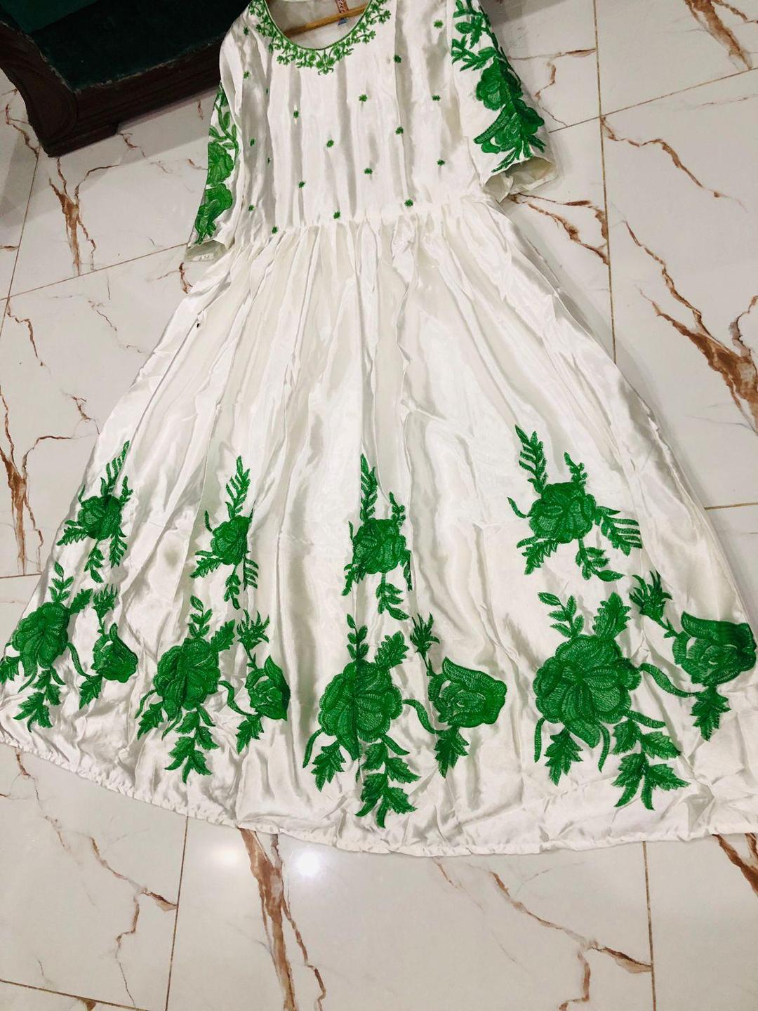 White Silk Maxi Suit with Green Floral Embroidery for Eid & Weddings