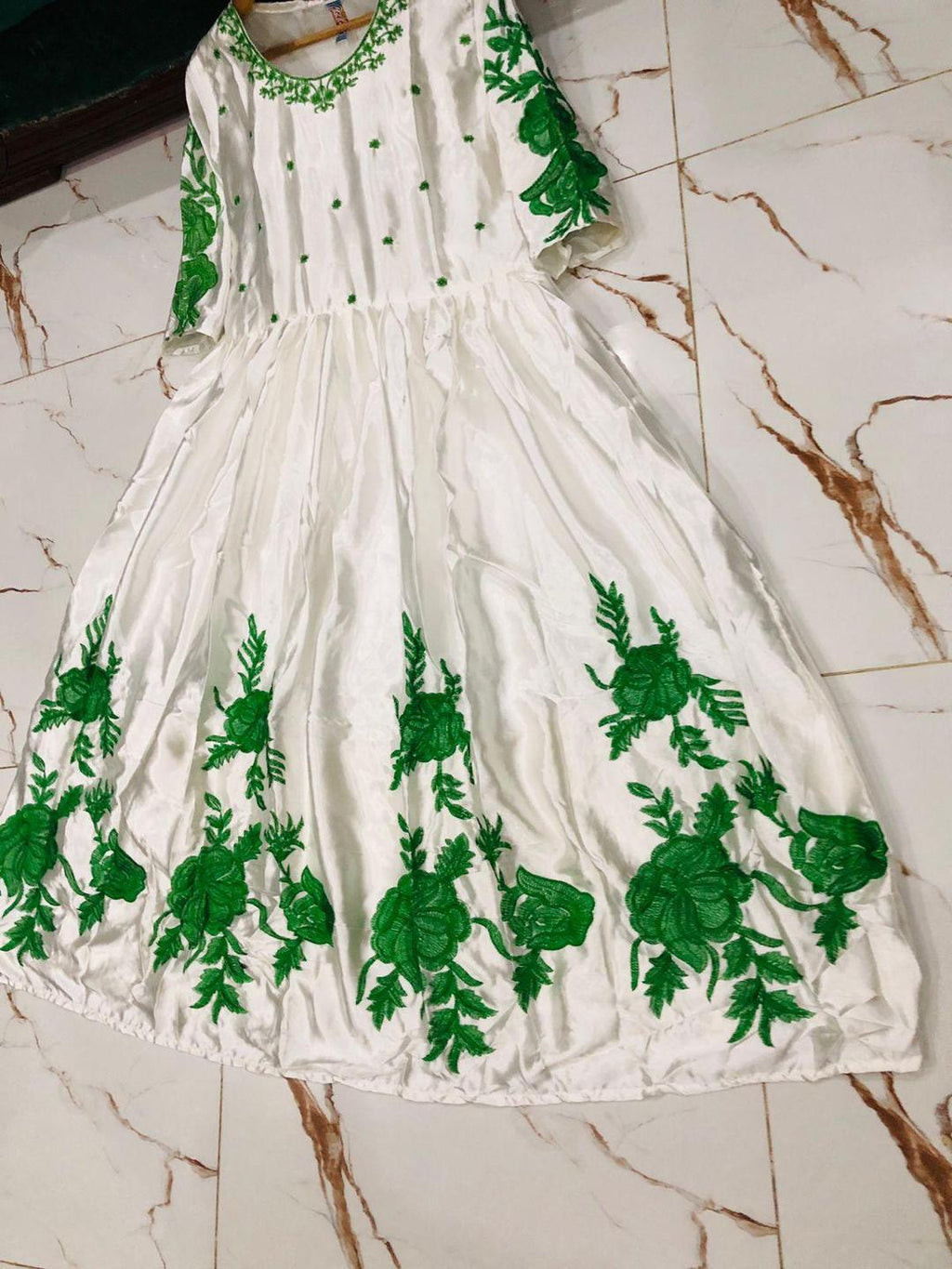 White Silk Maxi Suit with Green Floral Embroidery for Eid & Weddings