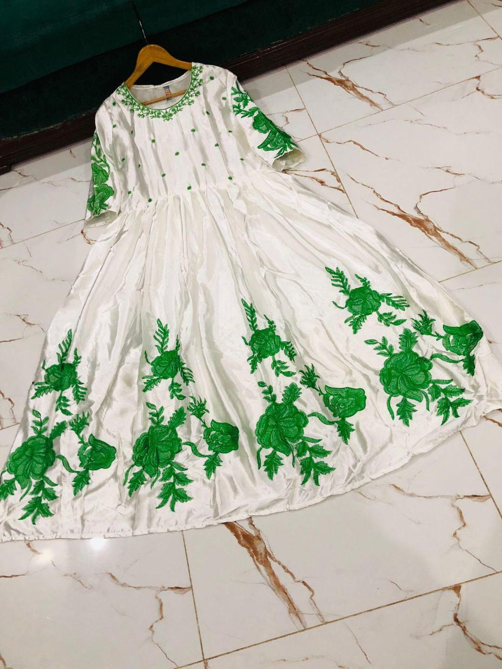 White Silk Maxi Suit with Green Floral Embroidery for Eid & Weddings