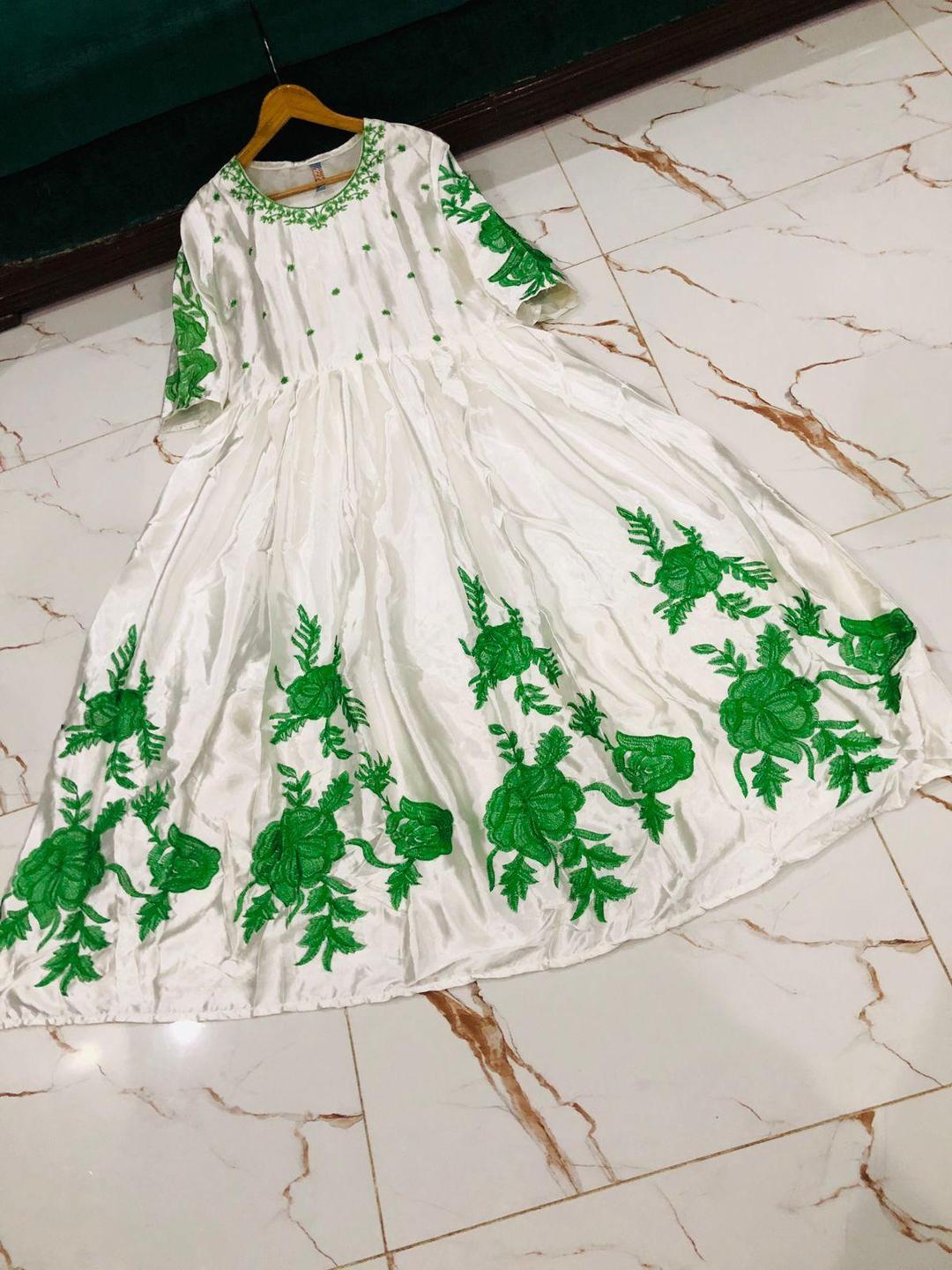 White Silk Maxi Suit with Green Floral Embroidery for Eid & Weddings