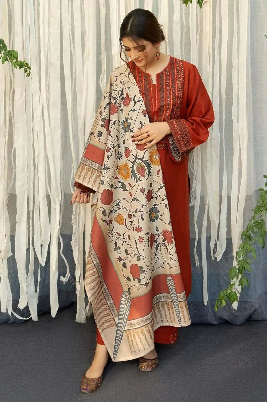 3-Piece Embroidered Lawn Suit with Printed Dupatta for Women