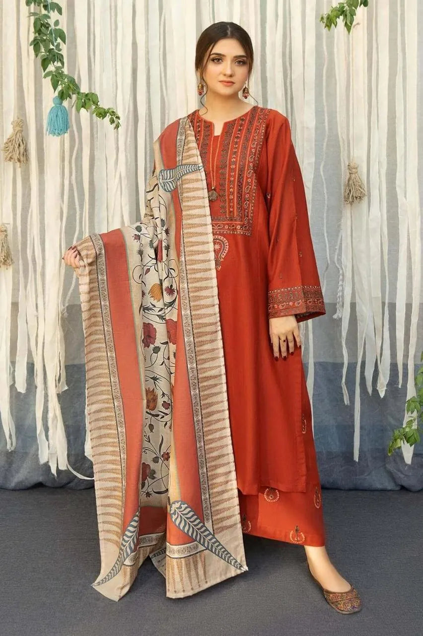 3-Piece Embroidered Lawn Suit with Printed Dupatta for Women