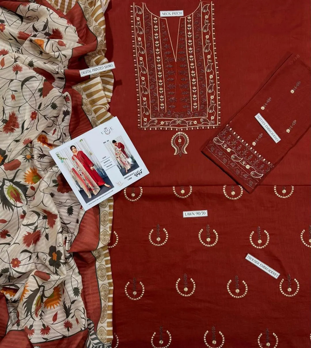 3-Piece Embroidered Lawn Suit with Printed Dupatta for Women