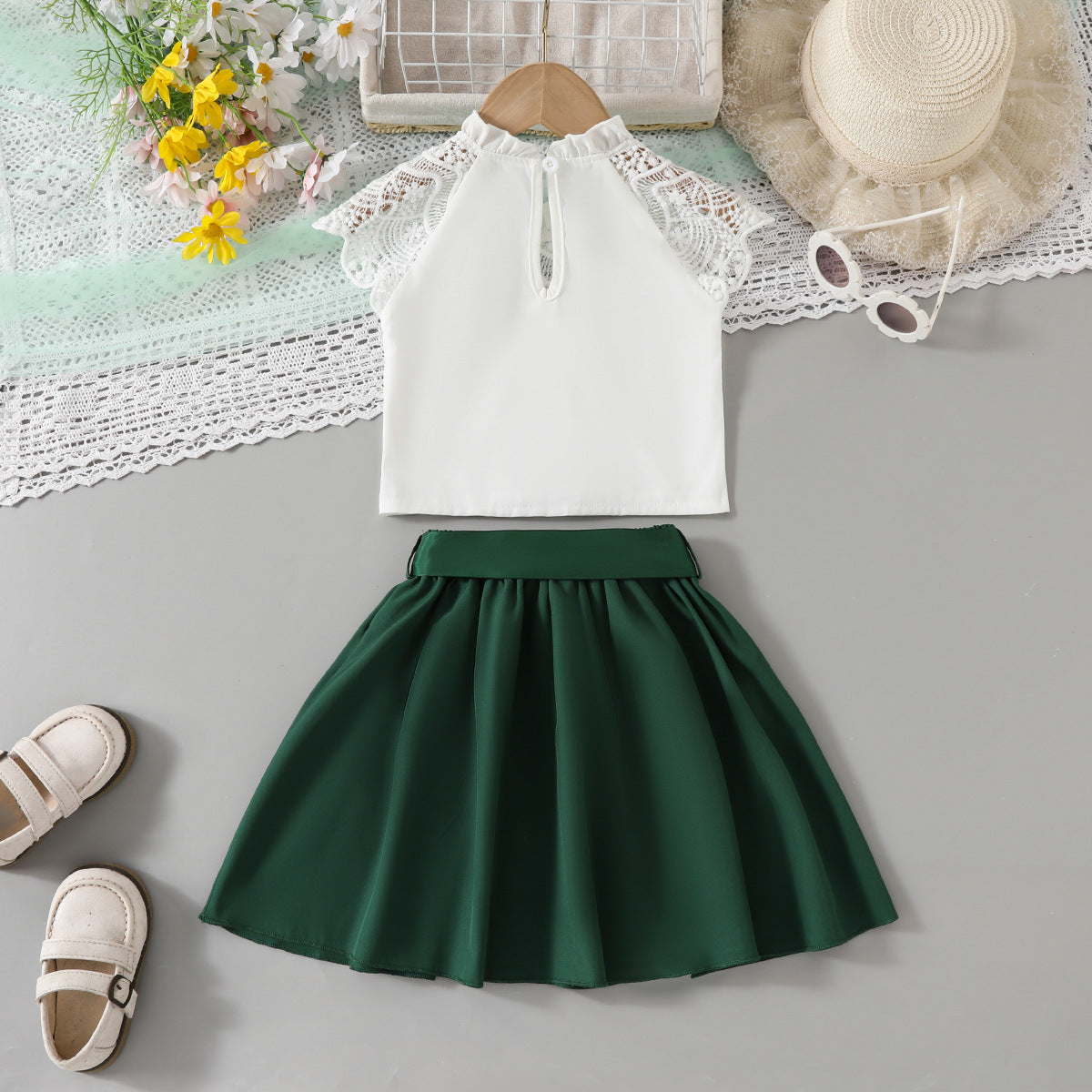Green Pleated Skirt Set for Girls 3-6 Years