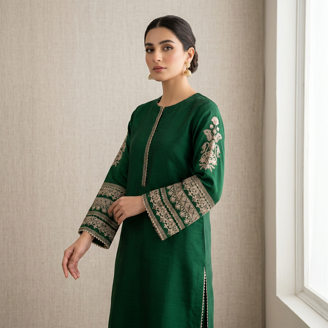 Green Shamoz Silk 2-Piece Embroidered Set